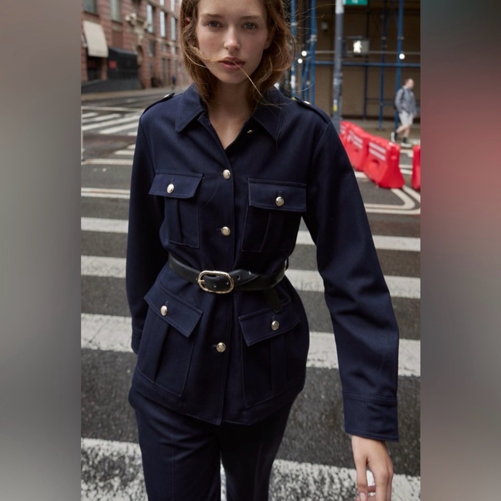 Zara NWT Patch Pocket Lapel Collar Long Sleeve Gold Button Utility Jacket (XL)